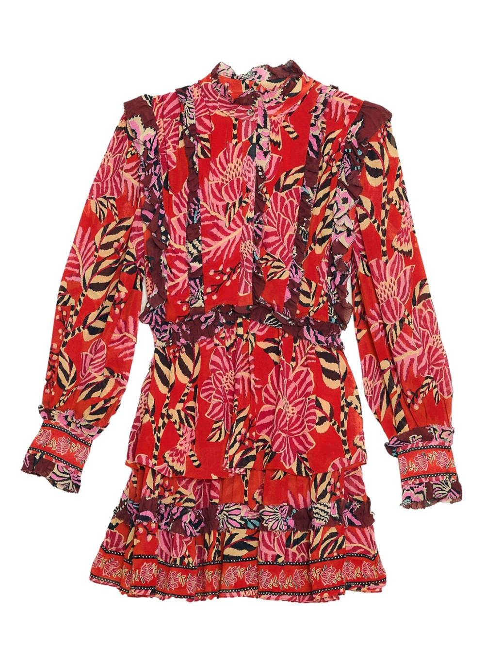 Farm Rio Red Floral Ruffle Long-Sleeve Mini Dress